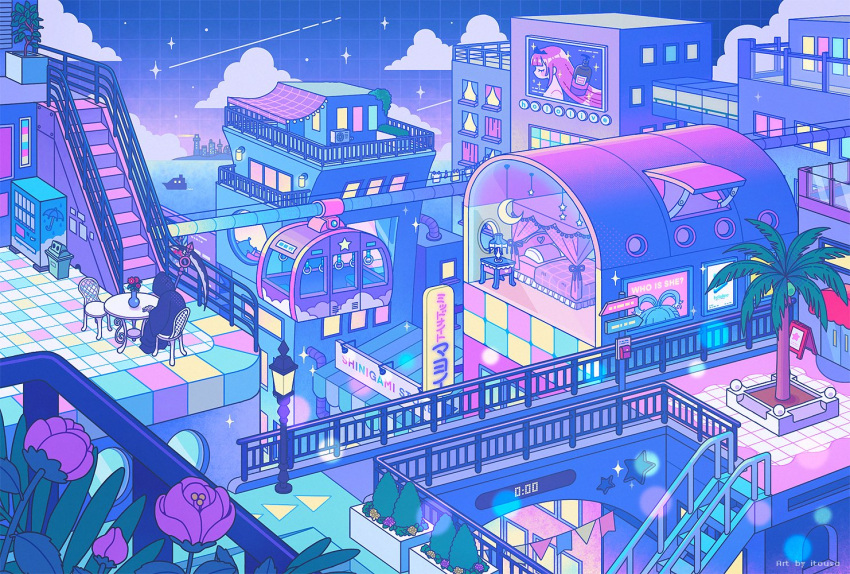 1other, aerial_tram, bedroom, billboard, bridge, cityscape, death-sensei_(mori_calliope), flower