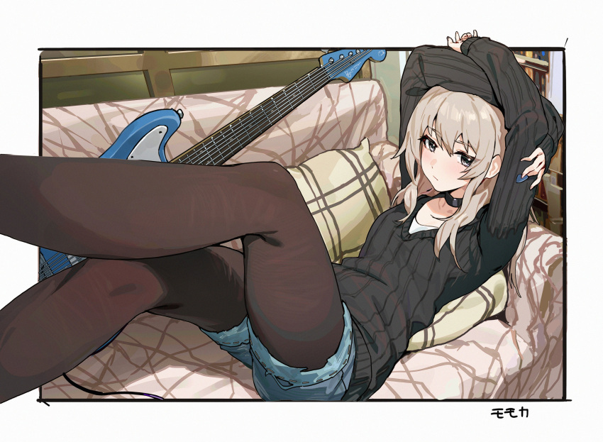 1girl, absurdres, arms_up, black_choker, black_pantyhose, black_sweater, blue_shorts, blush