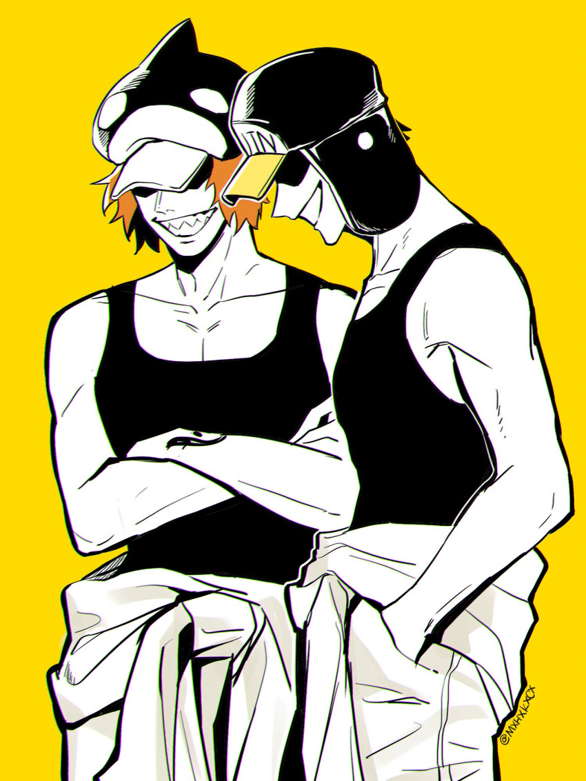 2boys, arm_tattoo, blonde_hair, commentary, covered_eyes, cowboy_shot, crossed_arms, hands_in_pockets