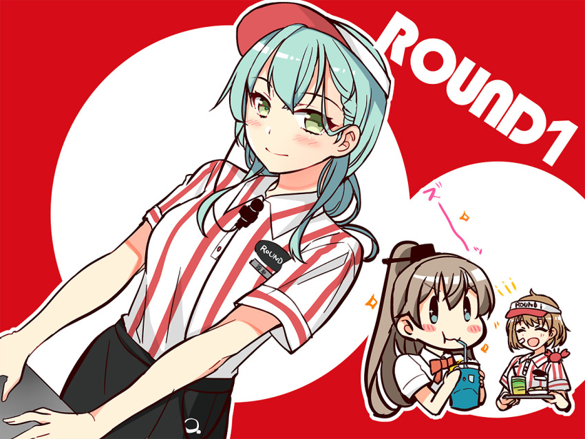 3girls, adapted_costume, alternate_costume, animal_on_shoulder, apron, aqua_hair, black_apron, crab_on_shoulder