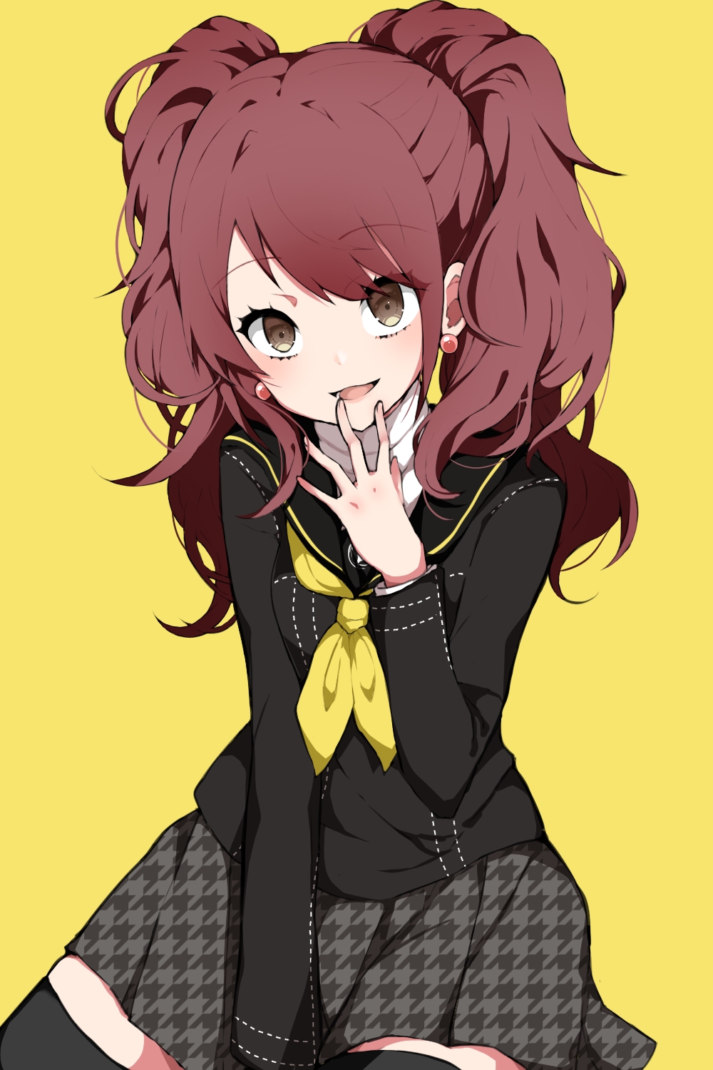 1girl, brown_hair, high_collar, highres, kujikawa_rise, long_sleeves, neckerchief, open_mouth