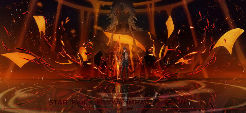3boys, absurdres, arm_at_side, artist_name, black_coat, black_footwear, black_jacket, black_pants, blue_eyes, braid, caelus_(honkai:_star_rail), character_name, chinese_commentary, coat, coattails, commentary_request, copyright_name, different_reflection, flaming_weapon, glowing, glowing_eyes, grey_hair, hair_between_eyes, hair_over_one_eye, henv, highres, holding, holding_polearm, holding_sword, holding_weapon, honkai:_star_rail, honkai_(series), honkai_impact_3rd, in-franchise_crossover, jacket, kevin_kaslana, long_hair, looking_at_viewer, male_focus, multiple_boys, nanook_(honkai:_star_rail), open_clothes, open_jacket, pants, polearm, reflection, reflective_floor, shirt, standing, sword, trailblazer_(honkai:_star_rail), twin_braids, weapon, white_hair, white_shirt, wide_shot