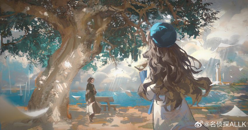 2girls, allk_(pixiv_31494296), bench, beret, black_coat, black_hair, blue_hat, brown_hair