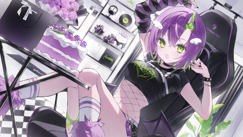 1girl, absurdres, amanogawa_neru, asymmetrical_sleeves, bag, bat_wings, black_crop_top, black_headphones