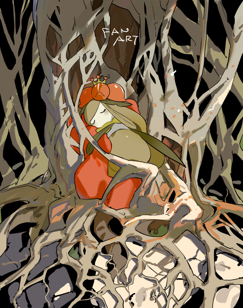 1girl, apios, closed_eyes, colored_skin, commentary, crown, dark, english_text
