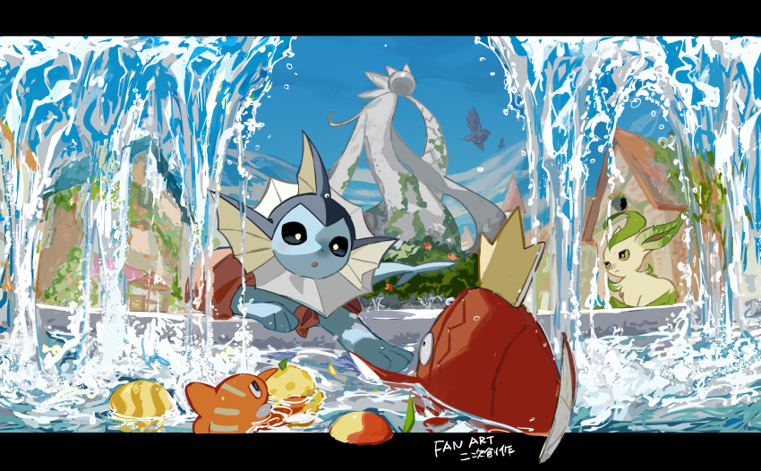 animal_focus, apios, bandana, berry_(pokemon), bird, black_eyes, blue_sclera, blue_sky