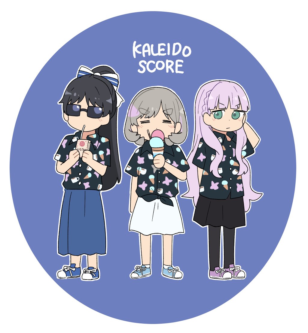 3girls, =_=, black_hair, black_pantyhose, black_shirt, black_skirt, blue_footwear, blue_skirt