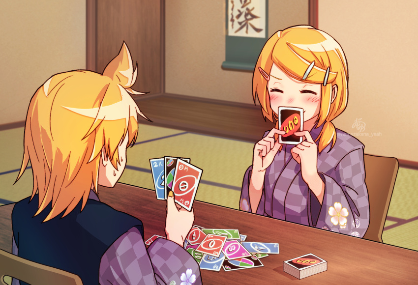 1boy, 1girl, ^_^, ahoge, blush, brother_and_sister, card, cherry_blossoms