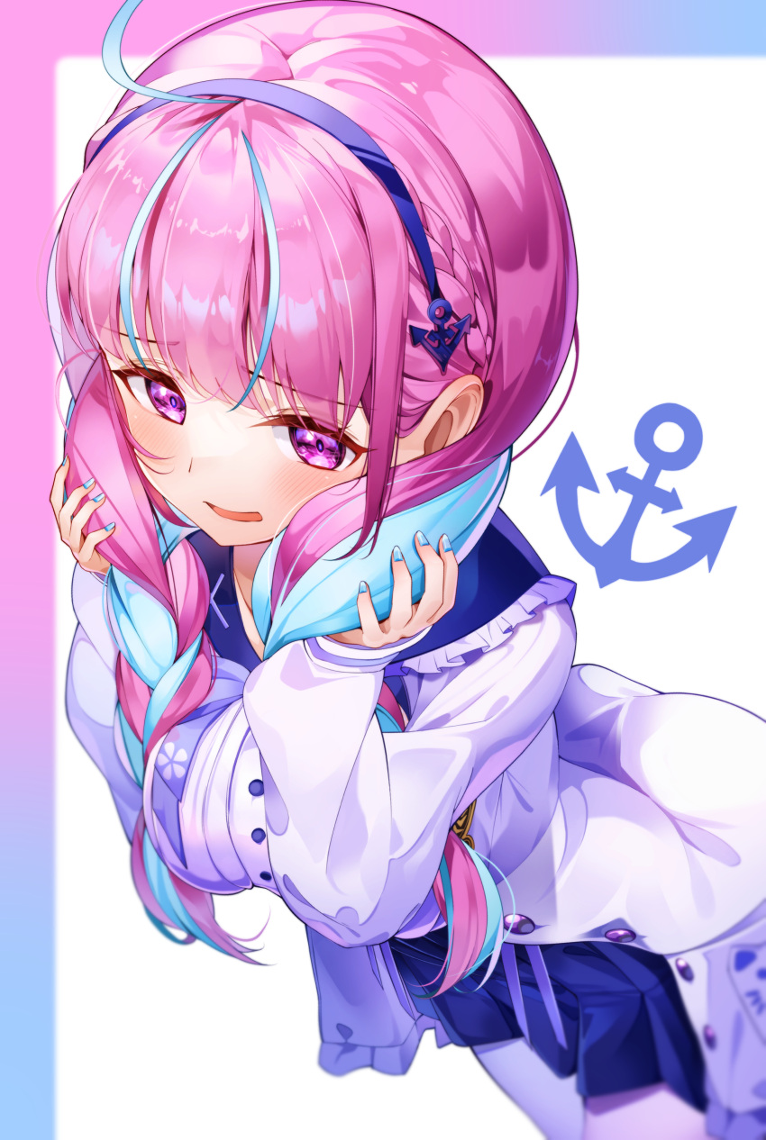 1girl, absurdres, ahoge, anchor_hair_ornament, anchor_symbol, blue_hair, blue_hairband, blue_nails