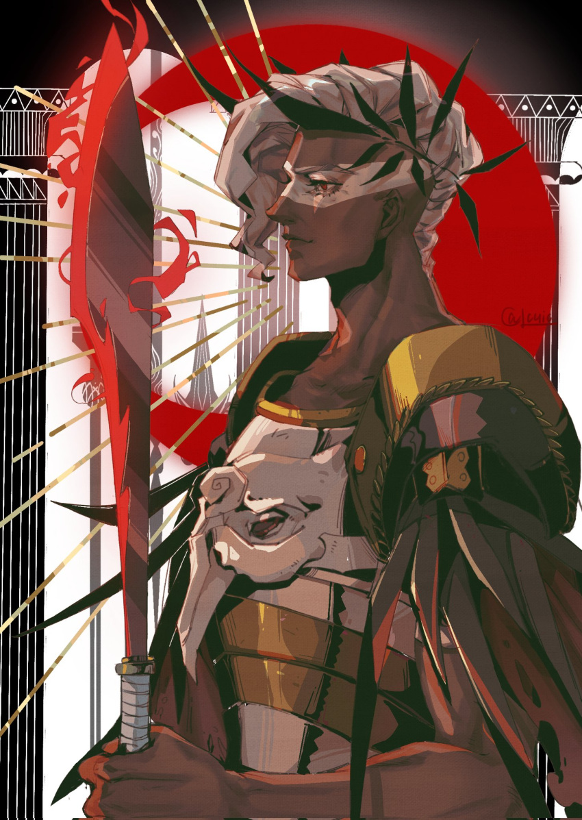 1boy, ares_(hades), armor, asymmetrical_hair, breastplate, chic_l, corrupted_twitter_file, crescent_moon, dark-skinned_male, dark_skin, facepaint, from_side, hades_(series), hades_1, highres, holding, holding_sword, holding_weapon, looking_ahead, male_focus, moon, pauldrons, polearm, red_eyes, short_hair, shoulder_armor, sidecut, signature, solo, spear, sword, sword_in_front_of_face, undercut, upper_body, war_paint, weapon, white_hair