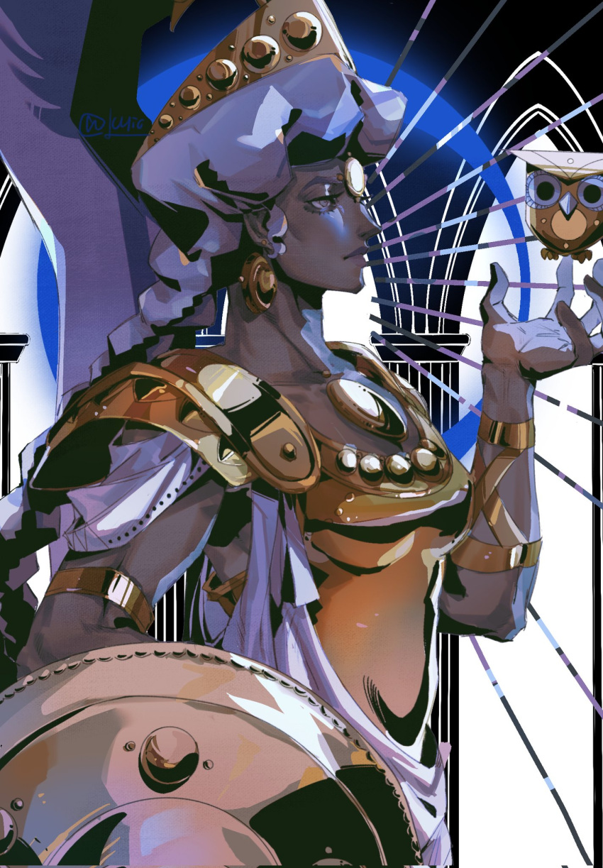 1girl, armlet, armor, athena_(hades), bird, braid, breastplate, chic_l, column, corrupted_twitter_file, dark-skinned_female, dark_skin, earrings, expressionless, from_side, grey_eyes, hades_(series), hades_1, hand_up, helmet, highres, holding, holding_shield, jewelry, long_hair, looking_ahead, low-braided_long_hair, low-tied_long_hair, owl, pauldrons, pillar, profile, purple_hair, shield, shoulder_armor, signature, single_braid, solo, toned_female, upper_body