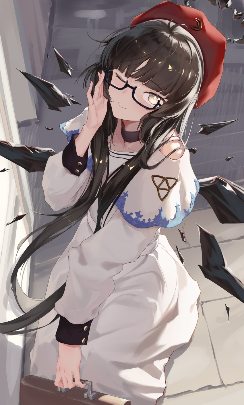 1girl, absurdres, alternate_costume, arknights, beret, black_hair, blunt_bangs, chinese_commentary, commentary_request, detached_wings, dress, glasses, grey_eyes, hat, highres, hime_cut, long_hair, long_sleeves, looking_at_viewer, looking_up, one_eye_closed, qaq_baiguang, red_beret, semi-rimless_eyewear, smile, solo, under-rim_eyewear, virtuosa_(arknights), white_dress, wings