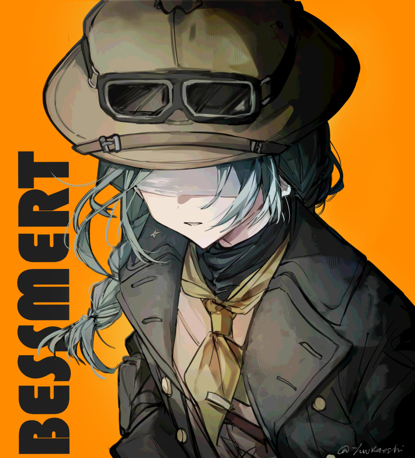1girl, absurdres, bessmert_(reverse:1999), black_coat, blindfold, brown_helmet, brown_jacket, character_name