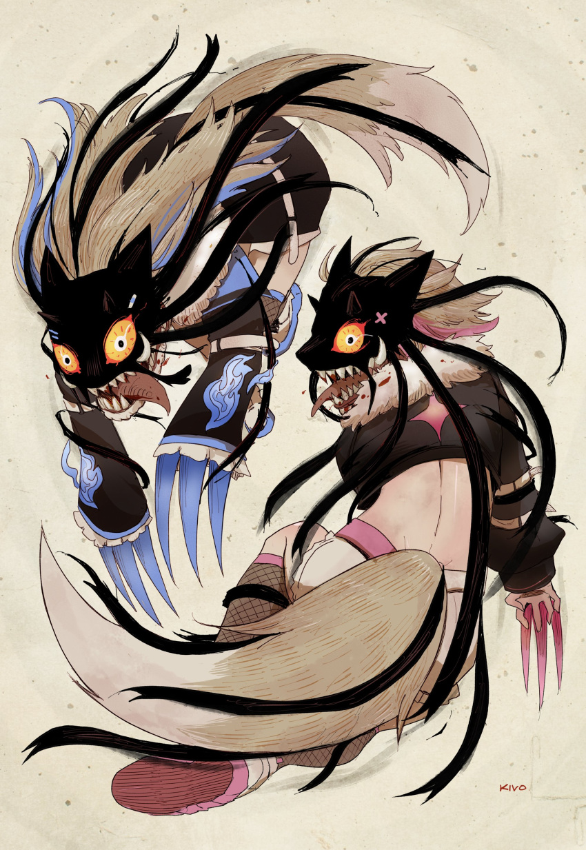 2girls, absurdres, blonde_hair, blue_hair, claw_(weapon), cropped_jacket, dog_tail, dream_tiger_(govy9807)