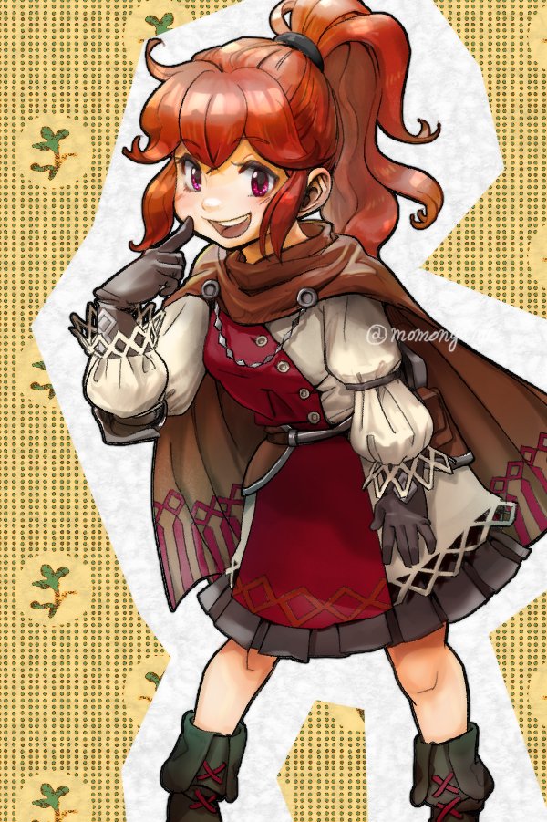 1girl, :d, anna_(fire_emblem), black_footwear, boots, brown_cape, cape, dress