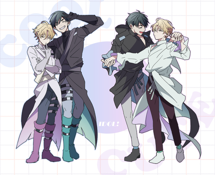 2boys, alien_stage, black_gloves, black_hair, black_robe, blonde_hair, boots, closed_eyes