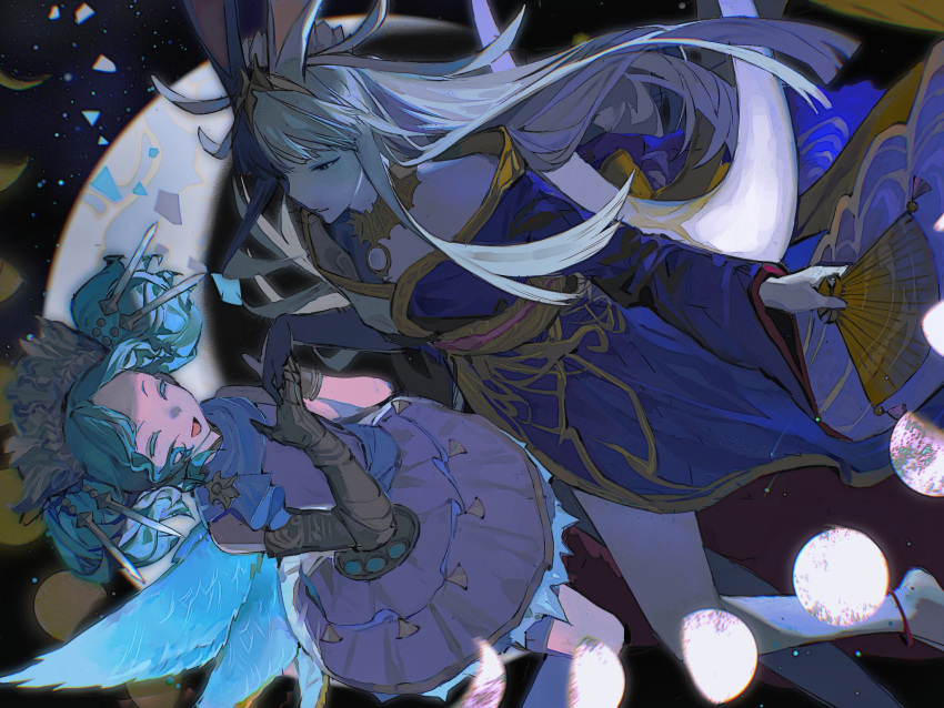 2girls, ^_^, animal_ears, anklet, asymmetrical_wings, bare_shoulders, black_hair, black_skin