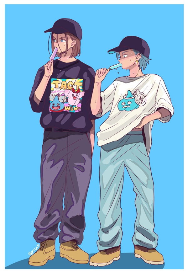 2boys, baseball_cap, belt, blue_background, blue_eyes, blue_hair, brown_hair, camus_(dq11), dragon_quest, dragon_quest_tact, dragon_quest_xi, earrings, eating, food, food_in_mouth, hat, hero_(dq11), holding, holding_food, holding_popsicle, jewelry, male_focus, monan, multiple_boys, pants, popsicle, popsicle_in_mouth, print_shirt, shirt, shoes, short_hair, single_earring, slime_(dragon_quest), spiky_hair, standing, sweat, y22pi11