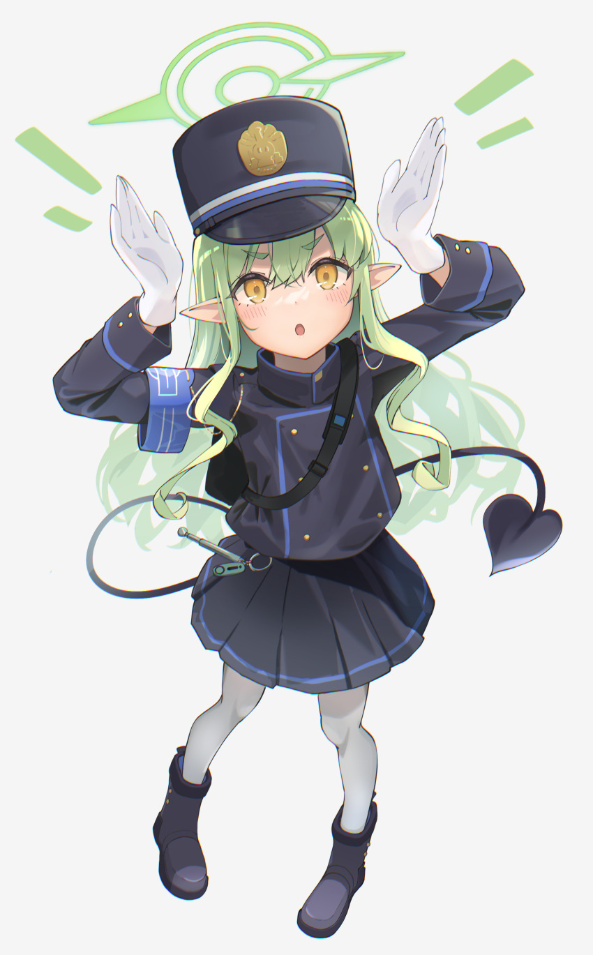 1girl, absurdres, black_footwear, black_hat, black_jacket, black_skirt, black_tail, blue_archive