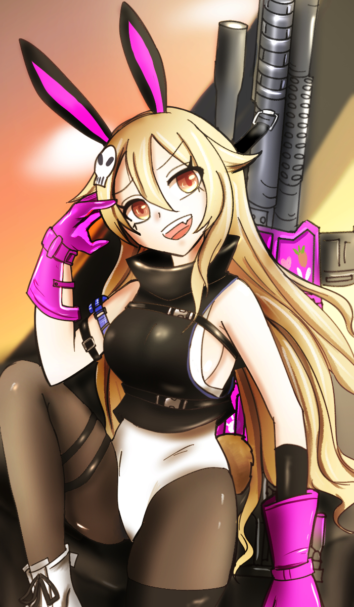 1girl, armlet, armpits, assault_rifle, black_jacket, blurry, blurry_background, boots