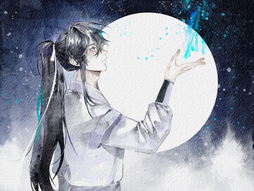 1boy, adam's_apple, black_hair, closed_mouth, energy, falling_shark, from_side, grey_eyes