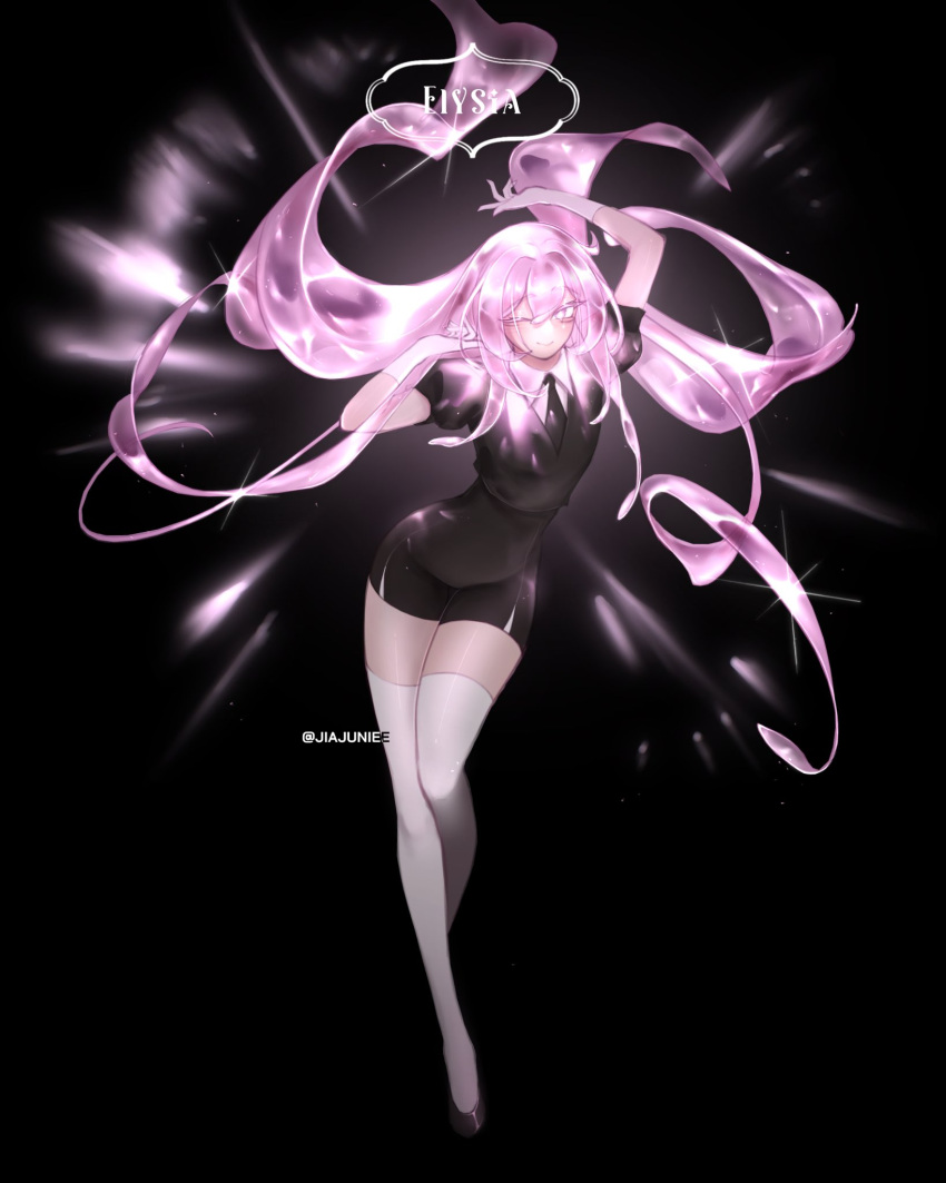 1girl, arms_up, black_background, black_footwear, black_necktie, black_shorts, black_uniform, character_name