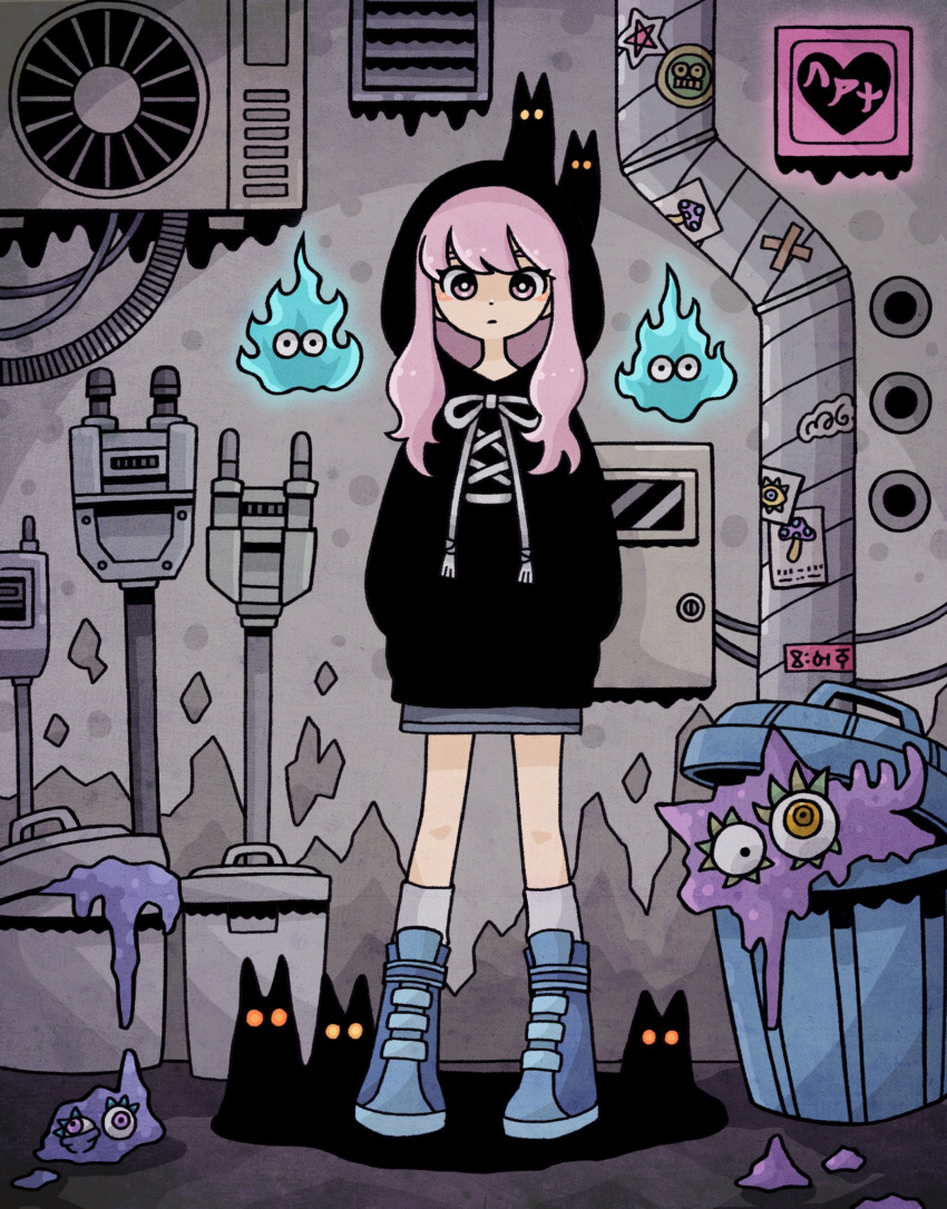 1girl, air_conditioner, black_hoodie, blue_fire, blue_footwear, boots, cross-laced_hoodie, expressionless