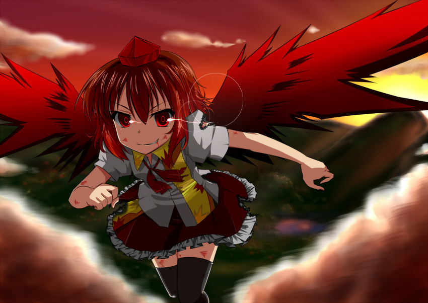 bruise, byoubyou, hat, injury, red_eyes, shameimaru_aya, short_hair, thigh-highs