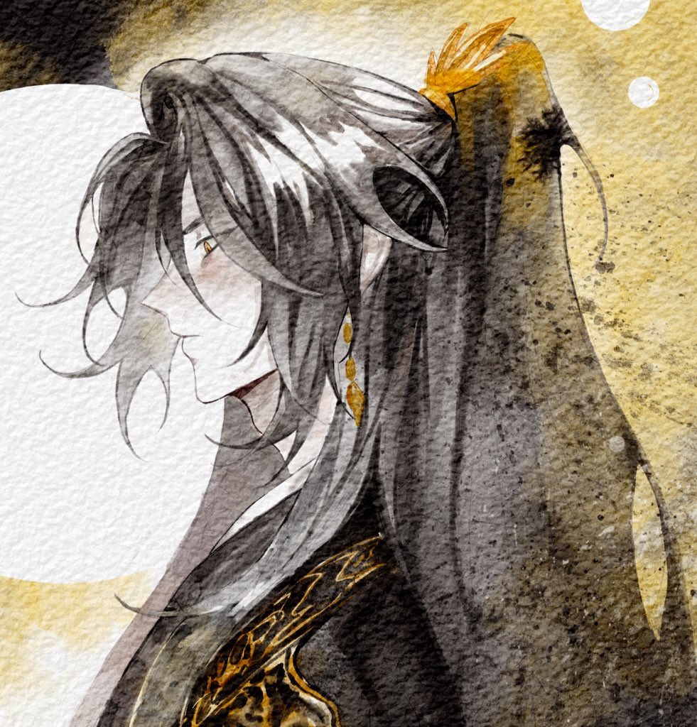 1boy, adam's_apple, black_hair, black_hanbok, closed_mouth, earrings, falling_shark, from_side