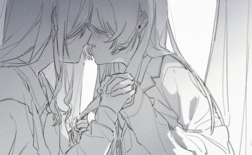 2girls, bang_dream!, bang_dream!_it's_mygo!!!!!, blush, chihaya_anon, haneoka_school_uniform, imminent_kiss, interlocked_fingers