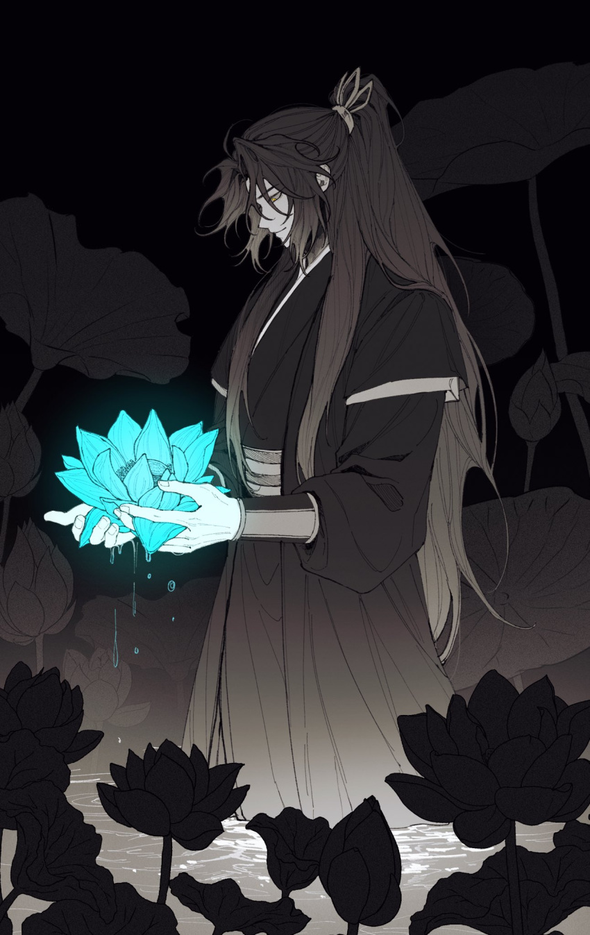 1boy, blue_flower, closed_mouth, dripping, falling_shark, flower, from_side, glowing_flower