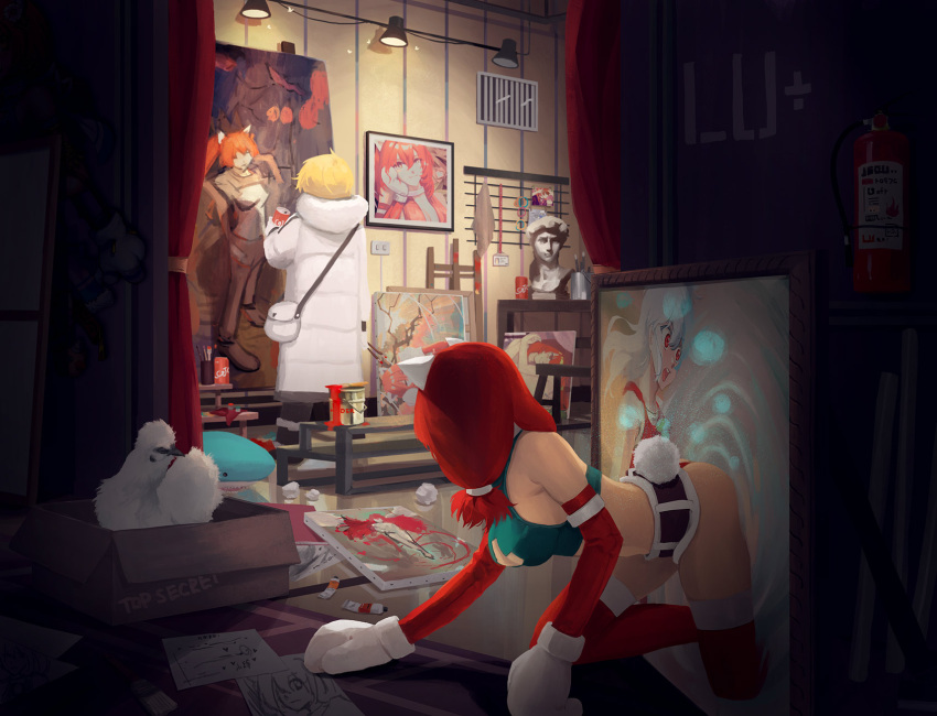 1girl, 1other, animal_ears, animal_hands, art_studio, artist_name, bird, bird_request
