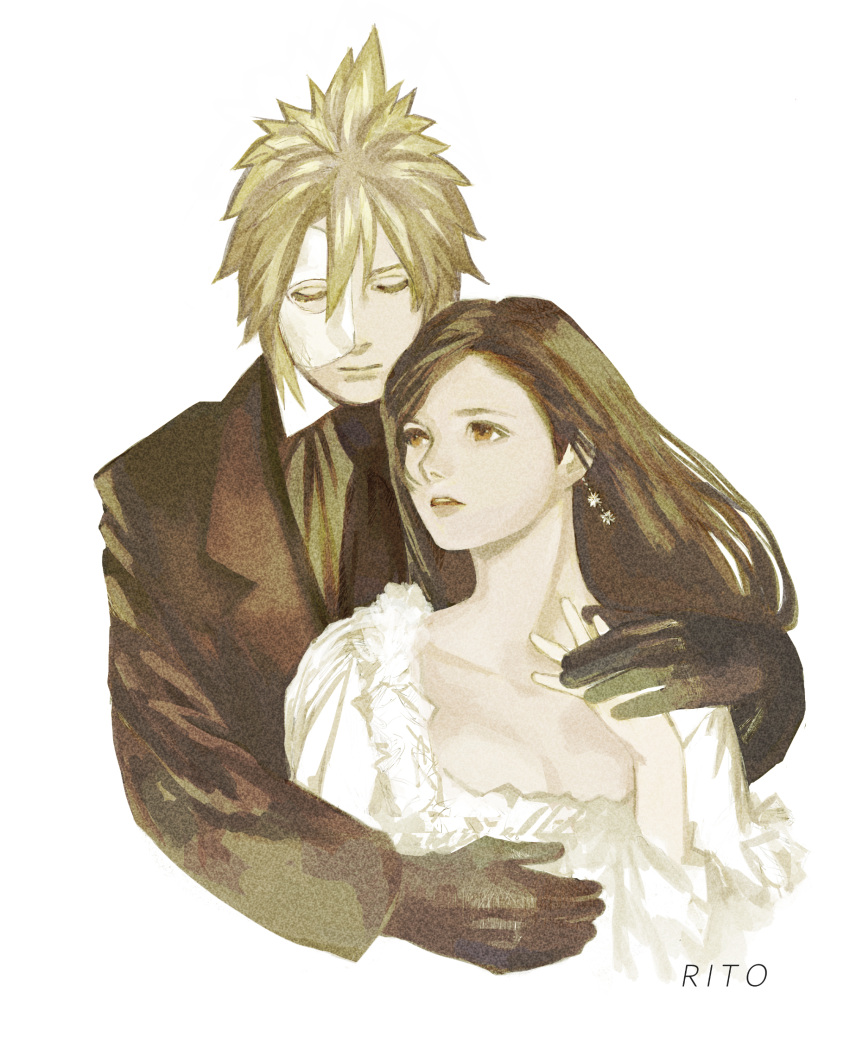 1boy, 1girl, artist_name, ascot, black_ascot, black_gloves, black_hair, black_jacket