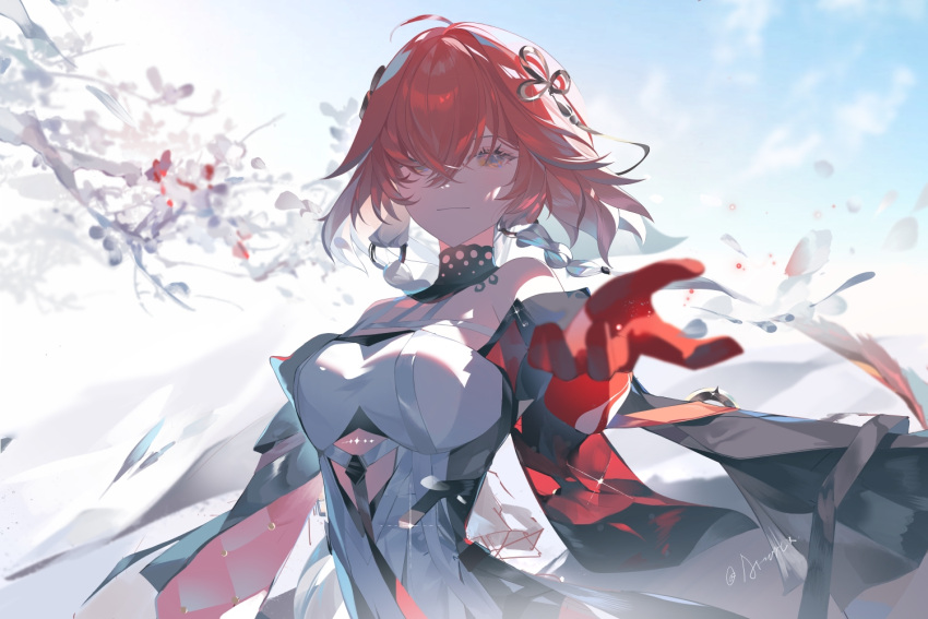 1girl, bare_shoulders, blue_sky, body_markings, braid, branch, breasts, changli_(wuthering_waves), chinese_commentary, clothing_cutout, clouds, commentary_request, crossed_bangs, dress, gloves, gradient_hair, hair_ornament, hair_over_one_eye, large_breasts, light_smile, long_hair, looking_at_viewer, multicolored_hair, outdoors, reaching, reaching_towards_viewer, red_gloves, redhead, signature, sky, solo, stomach_cutout, tacet_mark_(wuthering_waves), twin_braids, upper_body, white_dress, white_hair, wuthering_waves, yueshen_amireux