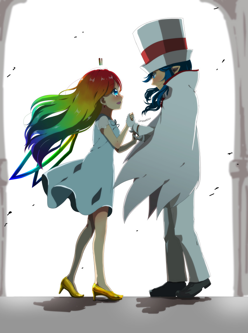 1boy, 1girl, absurdres, blue_hair, count_bleck, dress, drum, from_side