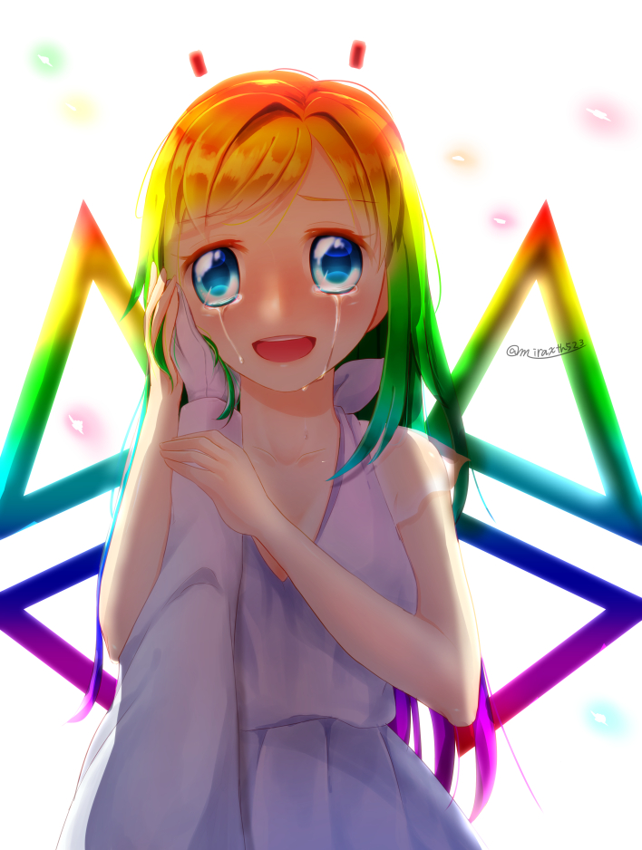 1boy, 1girl, count_bleck, crying, crying_with_eyes_open, dress, earrings, gloves