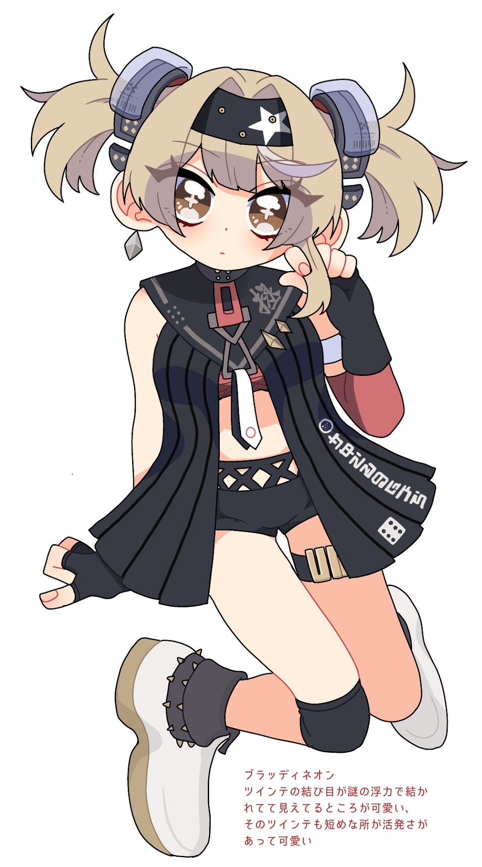 1girl, black_dress, black_gloves, black_headband, black_shorts, brown_eyes, cross-shaped_pupils, dress, earrings, fingerless_gloves, floating_hair_ornament, gloves, headband, highres, jewelry, light_brown_hair, luna:_laurel_(street_rebellion)_(punishing:_gray_raven), luna_(punishing:_gray_raven), okm397, playing_with_own_hair, punishing:_gray_raven, short_shorts, shorts, sleeveless, sleeveless_dress, solo, star_(symbol), star_print, symbol-shaped_pupils, translation_request, twintails, white_background