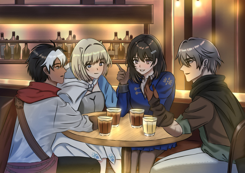 absurdres, alcohol, arm_on_table, bag, bar_(place), beer, beer_bottle, black_hair