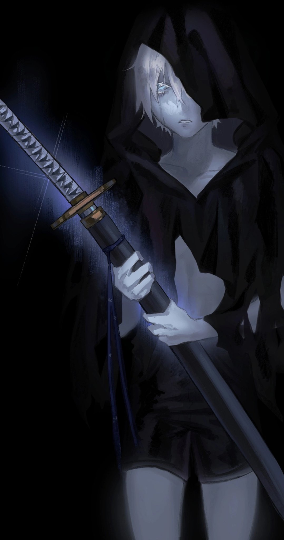 1boy, blue_eyes, closed_mouth, devil_may_cry_(series), hair_down, higan1113557, highres, holding