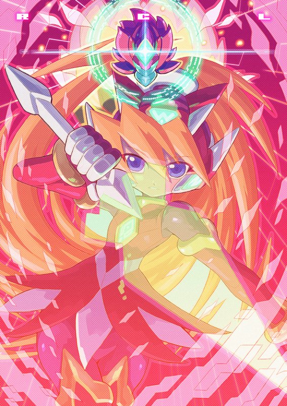 1girl, armor, biometal, black_bodysuit, bodysuit, ciel_(mega_man), cowboy_shot, dress, energy_sword, forehead_jewel, hi-go!, holding, holding_sword, holding_weapon, mega_man_(series), mega_man_zero_(series), power_armor, red_dress, red_helmet, solo, sword, weapon, z_saber
