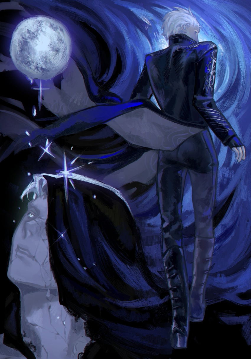 1boy, back, blue_coat, blue_eyes, coat, colored_skin, cracked_skin, devil_may_cry_(series)