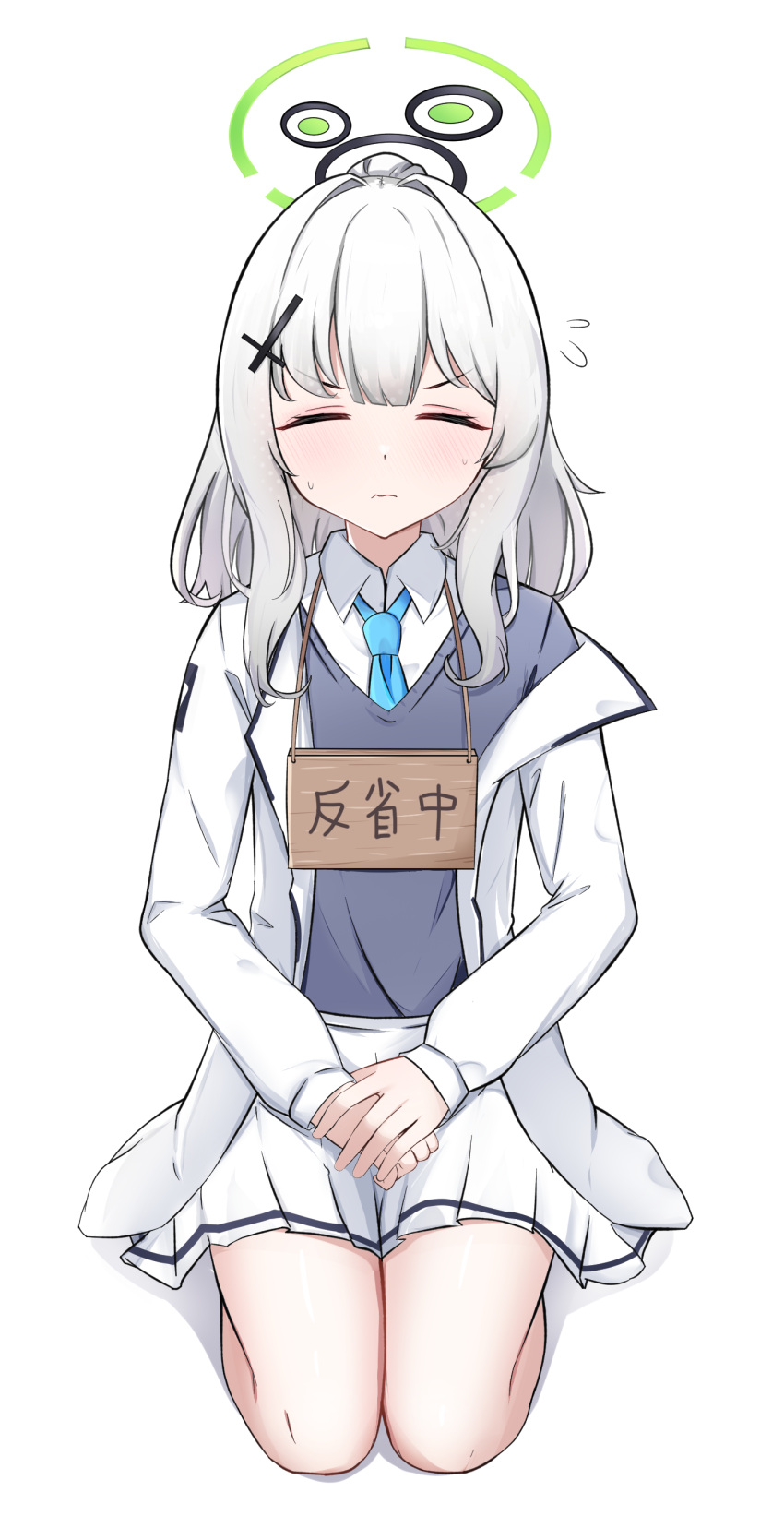 1girl, absurdres, blue_archive, blue_necktie, blue_sweater_vest, blush, closed_mouth, collared_shirt, commentary_request, cross_hair_ornament, green_halo, grey_hair, hair_ornament, halo, hare_(blue_archive), highres, jacket, long_sleeves, mcr_roggle, medium_hair, necktie, shirt, simple_background, sitting, skirt, solo, sweater_vest, thighs, translation_request, wariza, white_background, white_jacket, white_shirt, white_skirt