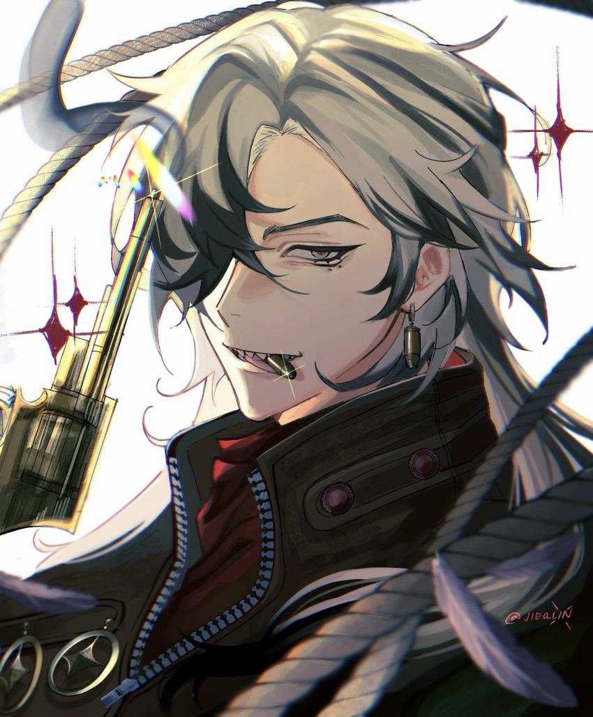 1boy, black_hair, boothill_(honkai:_star_rail), bullet, bullet_in_mouth, ear_piercing, earrings, gun, hair_over_one_eye, highres, holding, holding_gun, holding_weapon, honkai:_star_rail, honkai_(series), jewelry, jie9955, long_hair, looking_at_viewer, male_focus, multicolored_hair, piercing, portrait, solo, split-color_hair, two-tone_hair, weapon, white_background, white_hair, zipper