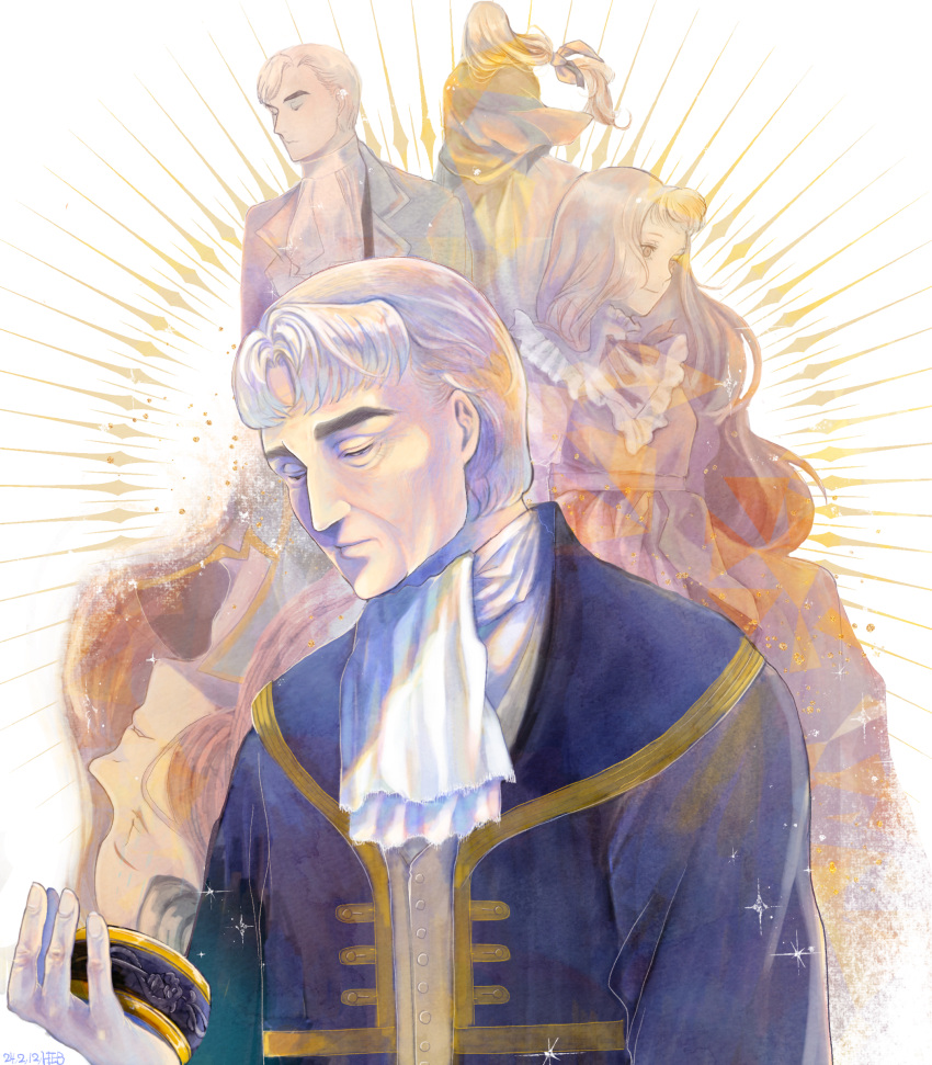 1boy, 1girl, absurdres, age_progression, bags_under_eyes, coat, gluck_(sousou_no_frieren), gold_trim
