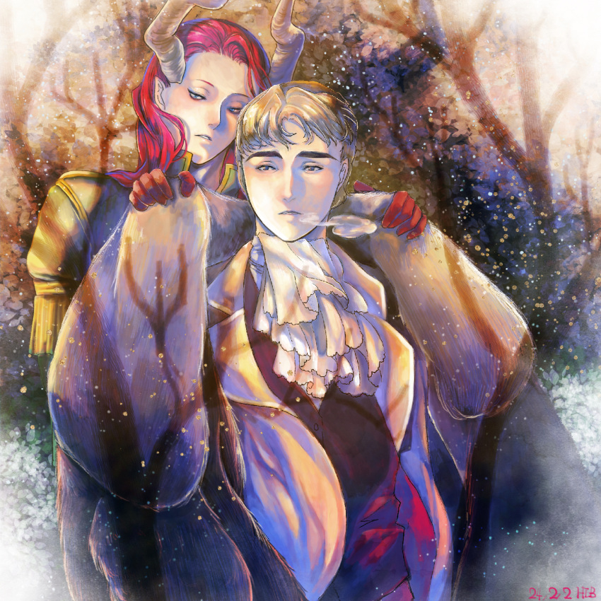 2boys, artist_name, ascot, blonde_hair, breath, coat, dated, gloves