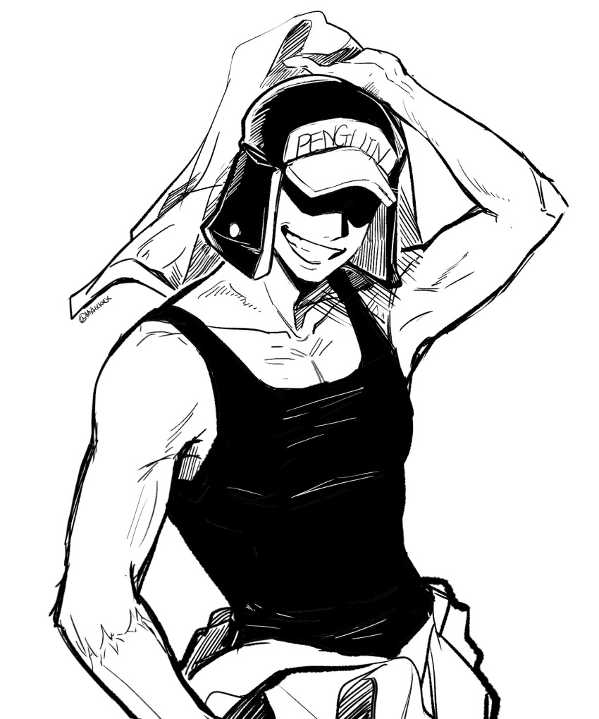 1boy, arm_up, commentary_request, greyscale, hat, hat_over_eyes, highres, holding