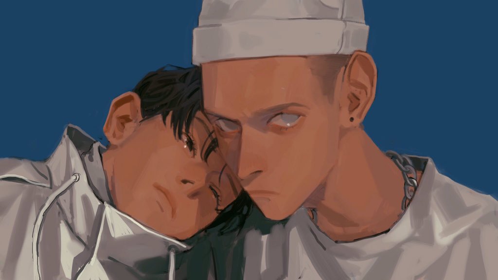2boys, beanie, black_eyes, black_hair, blue_background, blue_eyes, brown_hair, buzzg, chain, chain_necklace, check_copyright, closed_mouth, copyright_request, earrings, expressionless, eyelashes, hat, head_on_another's_shoulder, jewelry, light_frown, lips, male_focus, multiple_boys, necklace, original, pout, sekuda, shirt, short_hair, simple_background, stud_earrings, t-shirt, thick_eyebrows, turtleneck, turtleneck_shirt, upper_body, very_short_hair, white_hat, white_shirt, white_undershirt