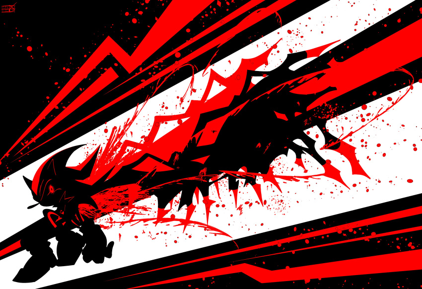 1boy, absurdres, artist_logo, doom_wings, full_body, furry, furry_male, highres, limited_palette, male_focus, maxoke, shadow_the_hedgehog, solo, sonic_(series), sonic_generations, sonic_x_shadow_generations, wings