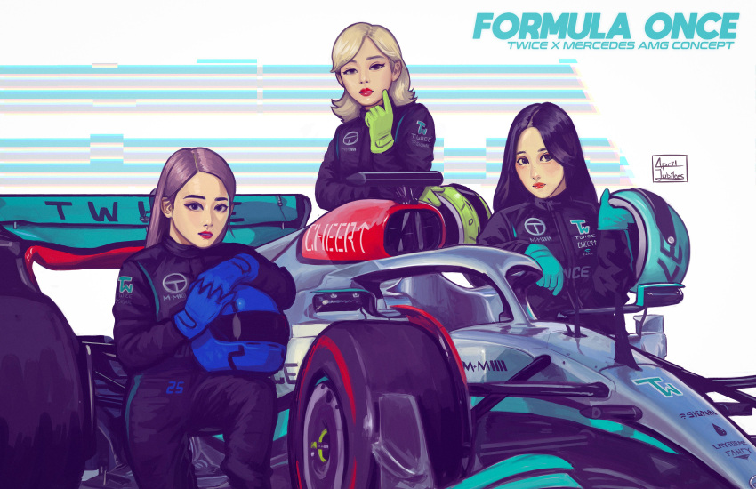 3girls, absurdres, april_jubilees, aqua_gloves, artist_name, black_eyes, black_hair, black_jumpsuit, blonde_hair, blue_gloves, car, copyright_name, crossover, english_commentary, formula_one, formula_racer, gloves, green_gloves, grey_car, helmet, highres, holding, holding_helmet, jeongyeon_(twice), jumpsuit, k-pop, long_hair, medium_hair, mercedes-benz, mina_(twice), motor_vehicle, multiple_girls, on_one_knee, purple_hair, race_vehicle, racecar, racing_suit, real_life, red_lips, spoiler_(automobile), twice_(group), tzuyu_(twice), unworn_headwear, unworn_helmet