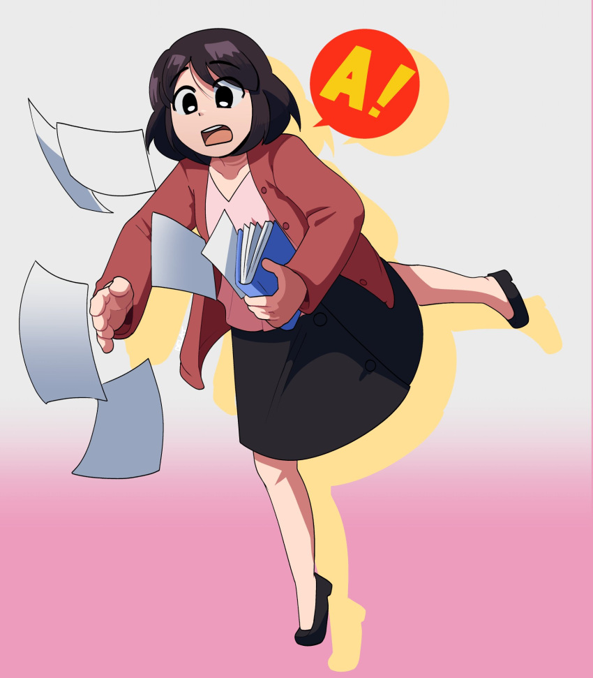 1girl, aged_up, azumanga_daioh, black_eyes, black_hair, blue_book, book, delatoid, highres, holding, holding_book, jacket, kasuga_ayumu, long_skirt, medium_hair, open_book, open_clothes, open_jacket, open_mouth, paper, pink_undershirt, red_jacket, simple_background, skirt, teeth, undershirt, upper_teeth_only